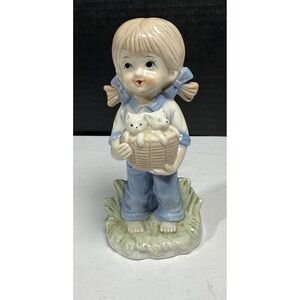 Vintage Enesco Girl Figurine with Basket of Kittens Porcelain Ceramic Decor
